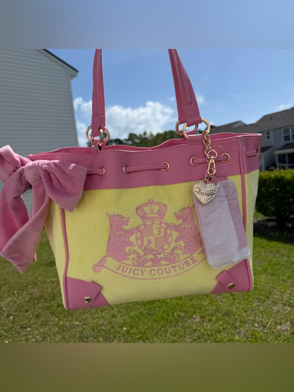 Juicy Couture Pink Yellow Bow Scottie Tote Bag Charm Y2K Coquette